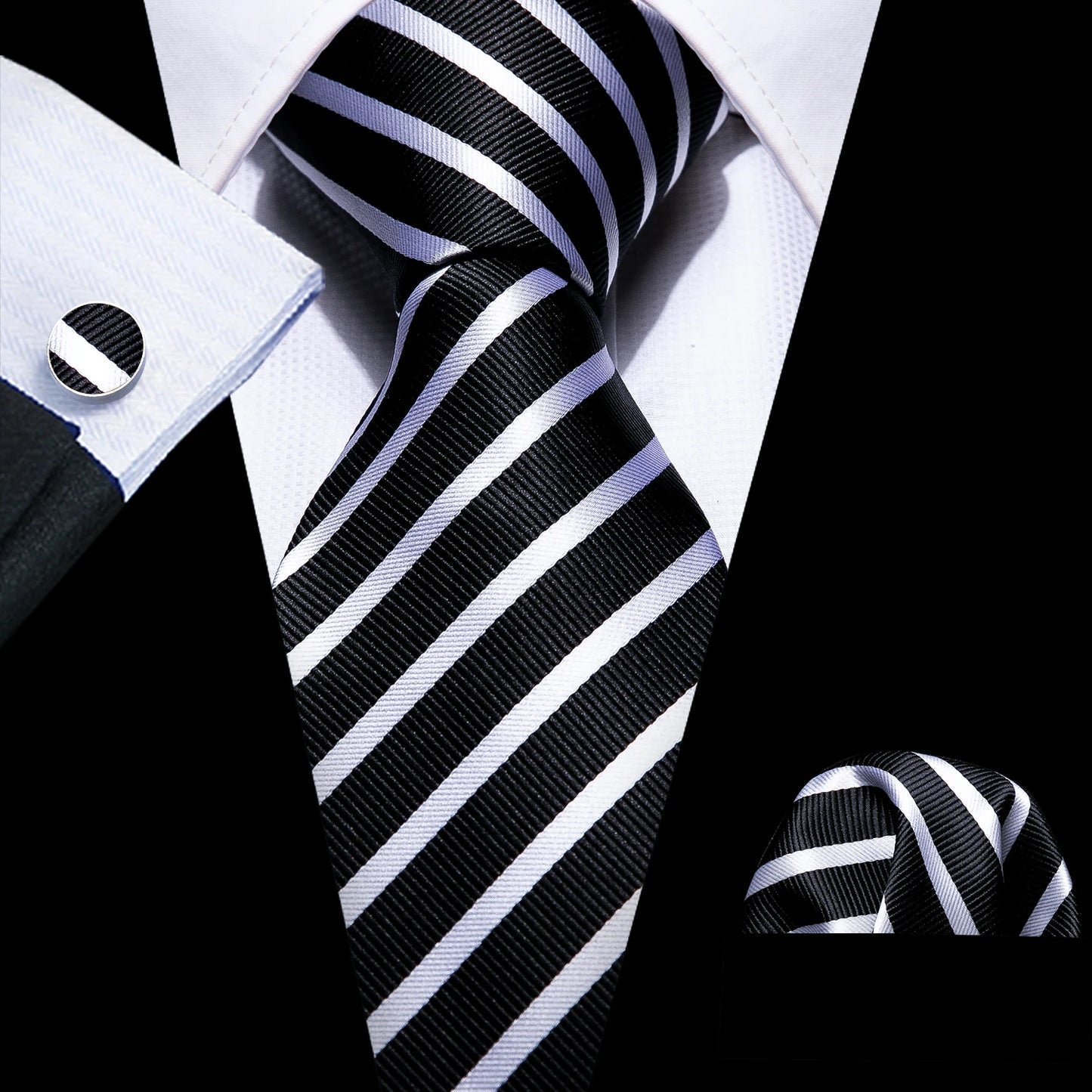 Business Black Silk Ties For Men Classic Solid High Quality Woven Pocket Square Cufflinks Sets Party Formal Designer Barry Wang