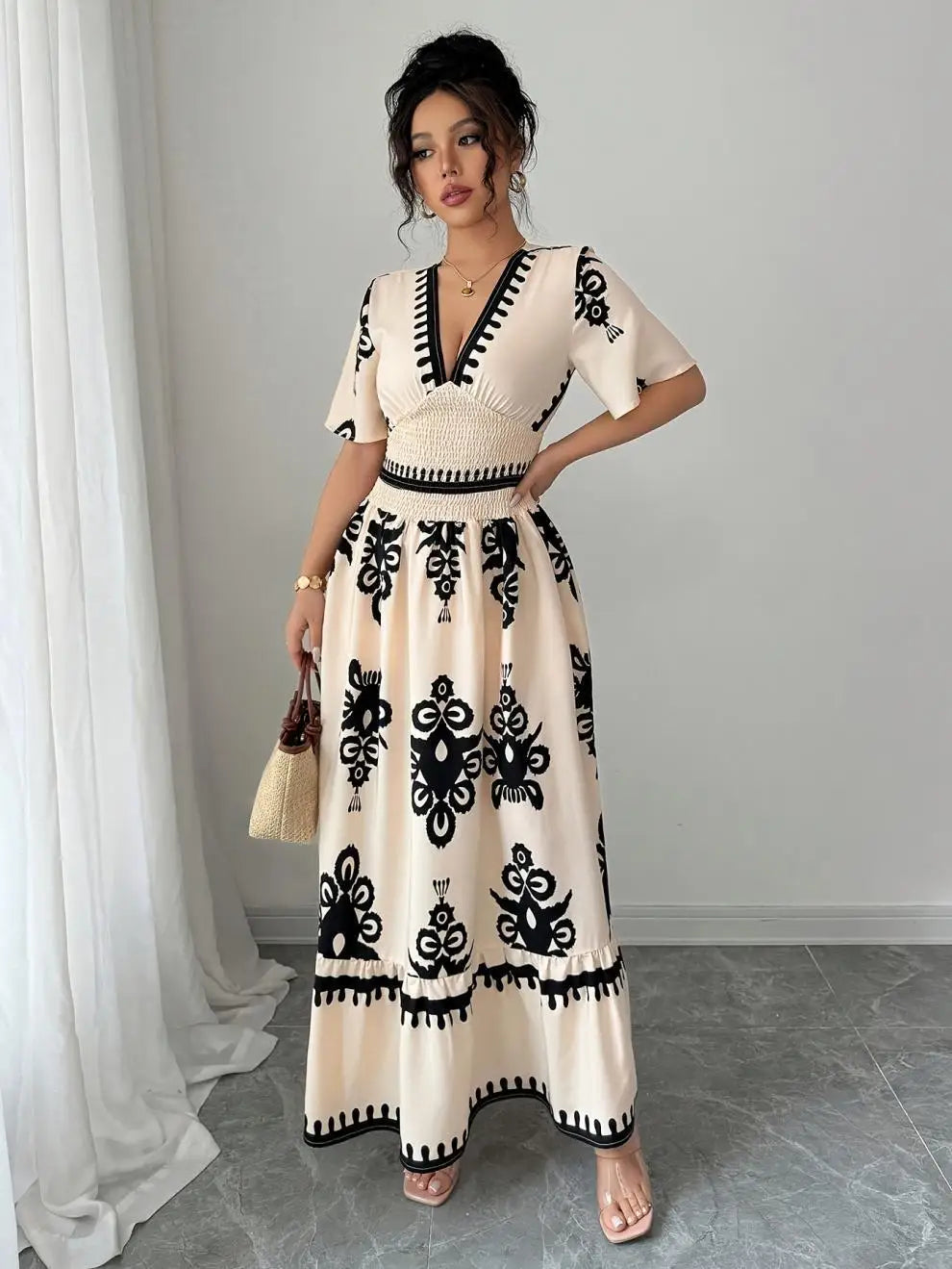 Women Summer Long Dress Vintage Print Maxi Gown V Neck Short Sleeve Tight Waist A Line