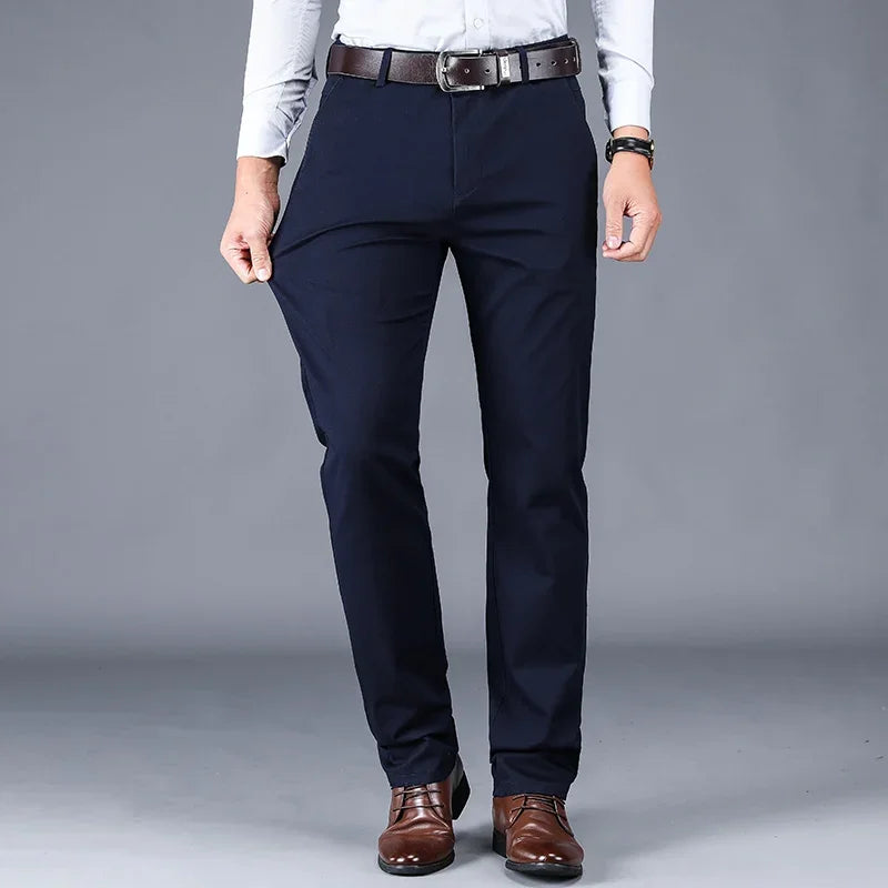 98% Cotton Casual Men's Pants Classic Straight Loose High Waist Elastic Trousers