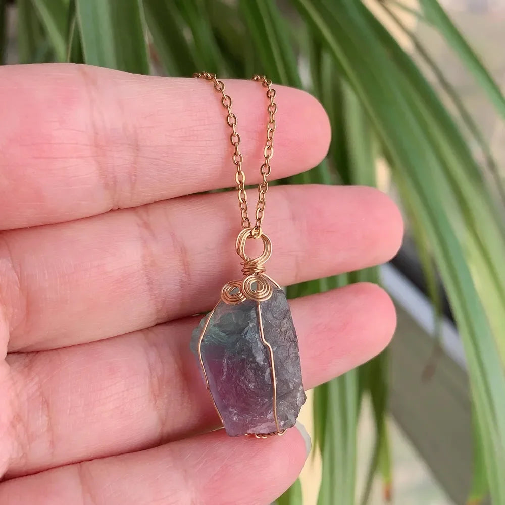 Natural Stone Pendant Necklace Small Rock Quartz Pendulum Amethysts Citrines Fluorite Pink Crystal Necklace for Women Healing