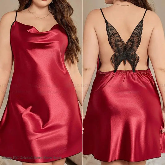Plus Size 3XL-5XL Women Nightgown Chemise Satin Sleepwear Sexy Backless Butterfly Lace