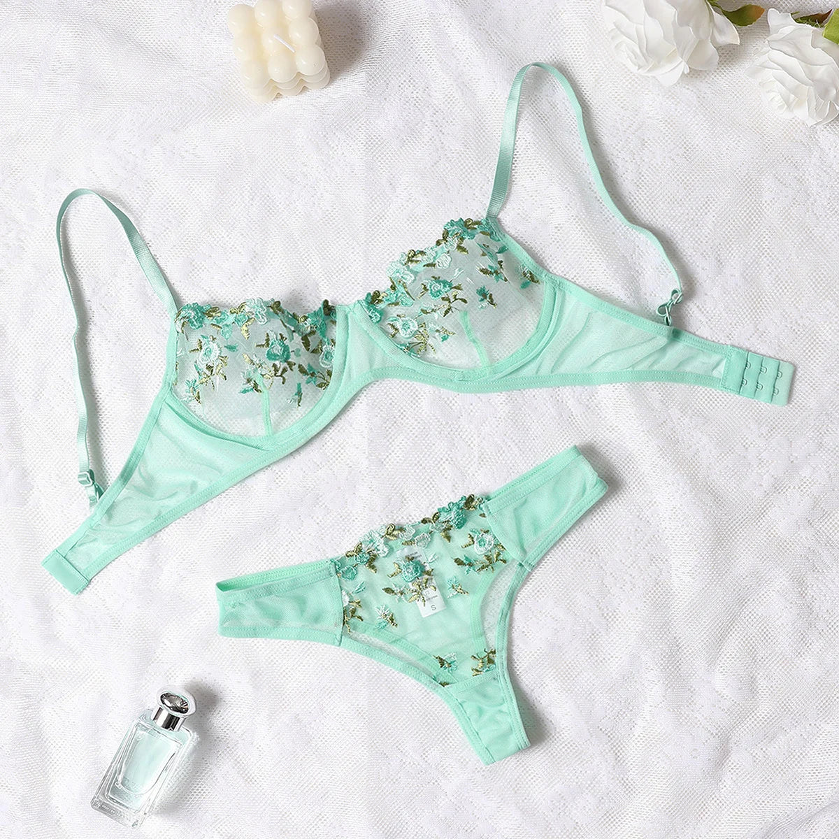 Beautiful Women Sexy 2 Piece Floral Embroidery Underwear Sets