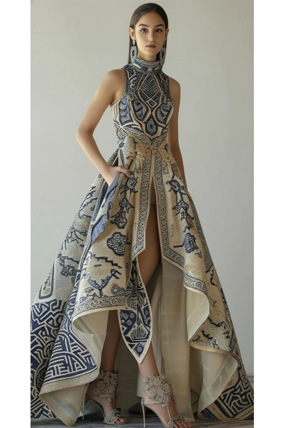 Elegant Evening Formal Women Dress Low High Hem Pockets Floral Printed Sleeveless Long Dress
