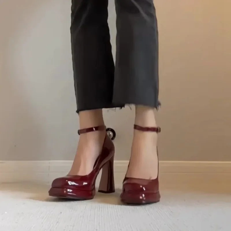 Women's Fashion Square Toe Shallow Mouth One-buckle Platform Block Heel Red Single Shoes High-heeled Mary Jane Shoes
