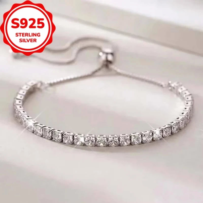 Fine 925 Sterling Silver Bracelet Elegant Zircon Tennis Crystal Chain for Women Engagement Wedding Glamour