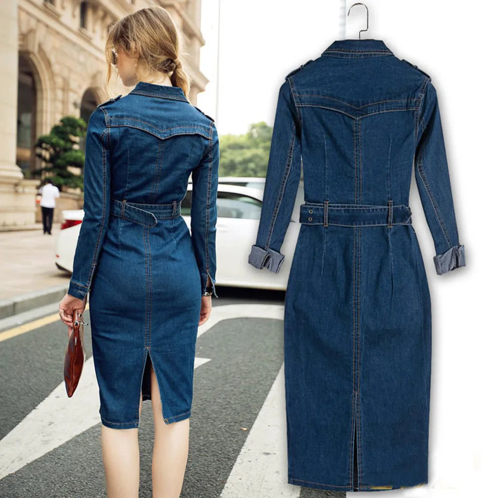 Women Long Sleeve Denim Dress Mid-Cuff Slim Wrap Hip Jean