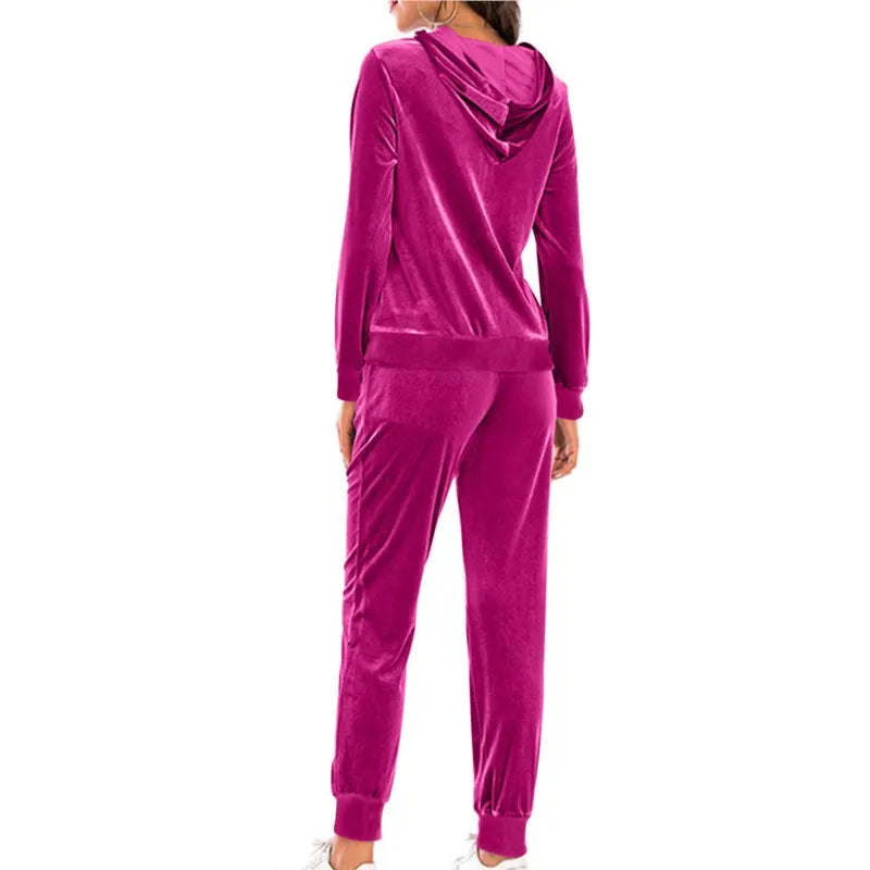 Women Spring Velvet Tracksuit 2 Piece Sweatshirt Sweatpants Set Full Zip Hoodie