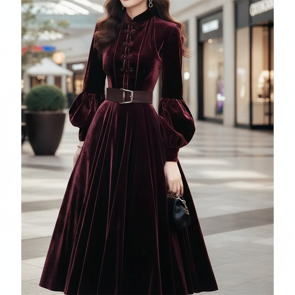 Autumn/Winter Women's Purple Red Velvet Dress Velvet Evening Party Long Dress