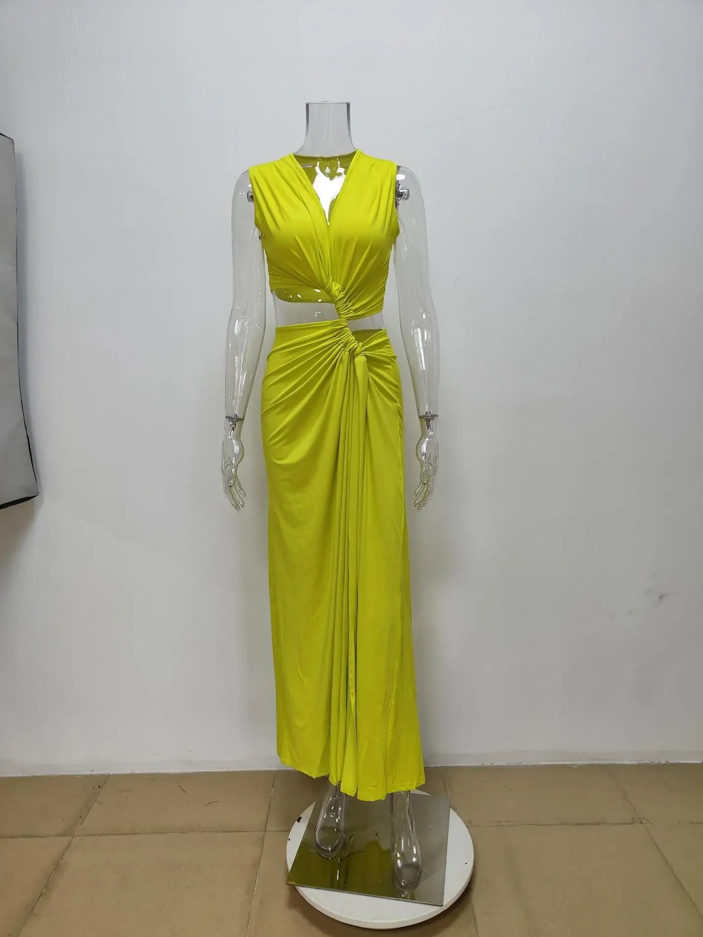 Summer Beach Sexy Maxi Dress Sexy Hollow Out Twist Knot High Split Sleeveless Deep V
