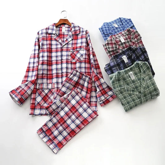 Spring Autumn Winter Long-sleeved Men's Trousers Pajama Set Suits Brushed Cloth Cotton Plaid