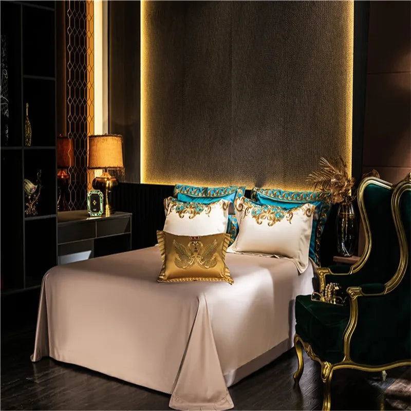 Gold and Blue Embroidery Satin Comforter Cover 4/6/10Pcs Bedding set