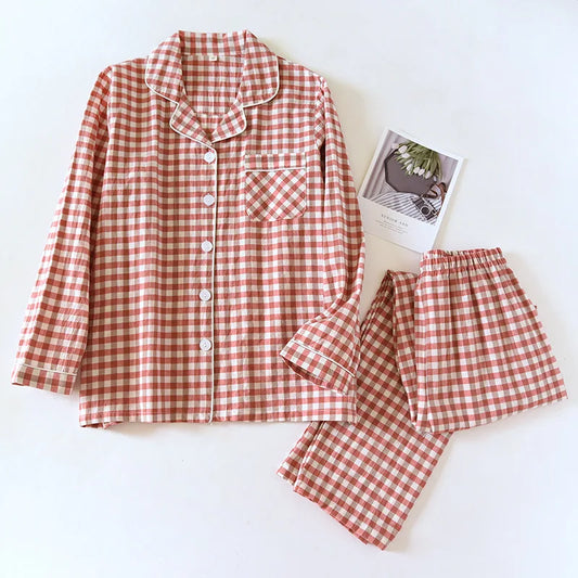 Spring and Autumn Unisex Pajama Set 100% Cotton Men's and Women's Plaid Long Sleeved Two Piece