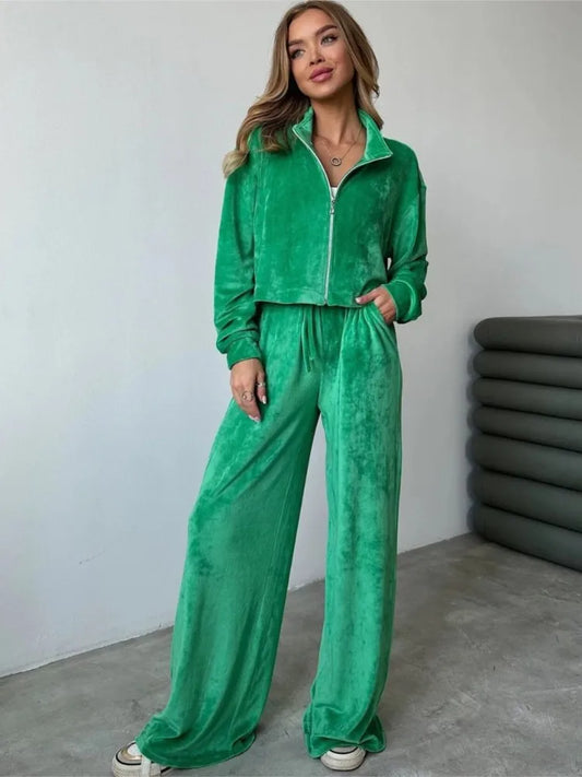 Autumn Winter Solid Casual Velvet Two Piece Tracksuit Sets for Women