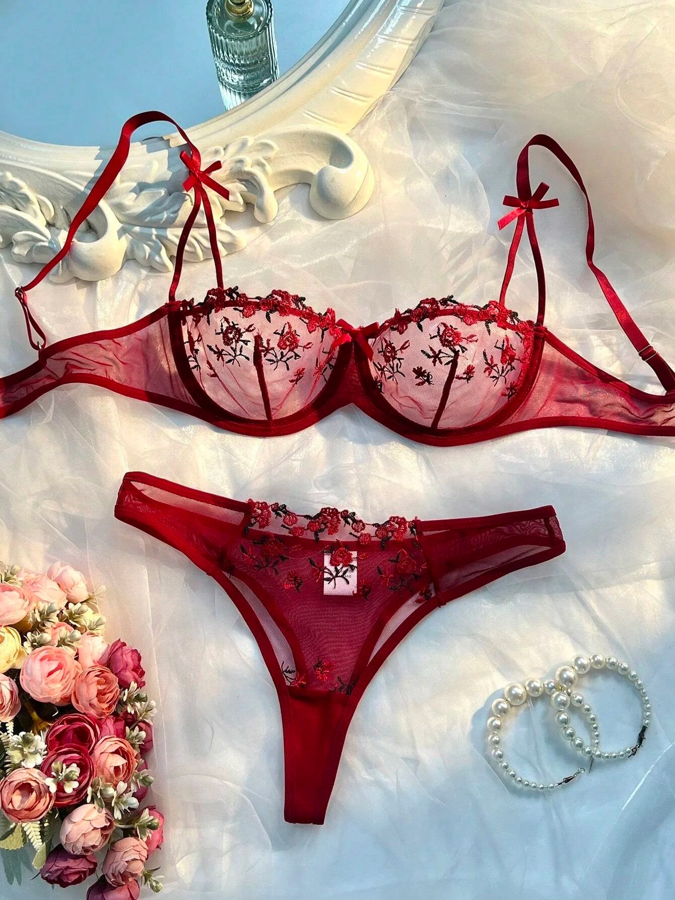 Beautiful Women Sexy 2 Piece Floral Embroidery Underwear Sets