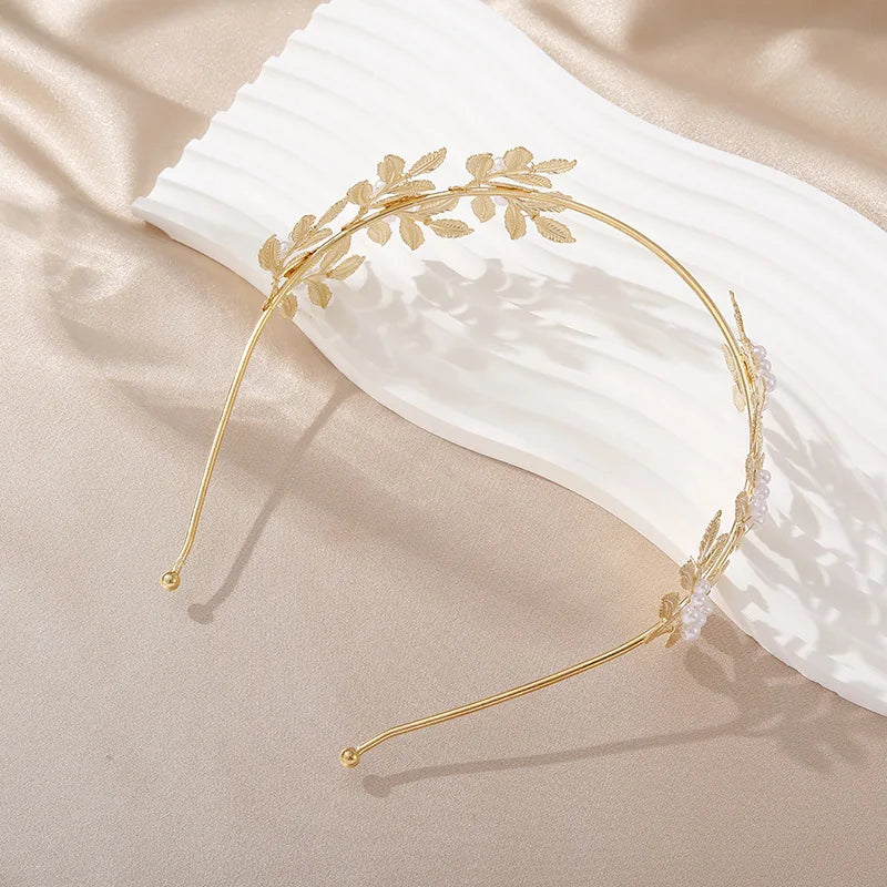 European and American new fashion personality golden leaf pearl headband bridal crown baroque party headgear