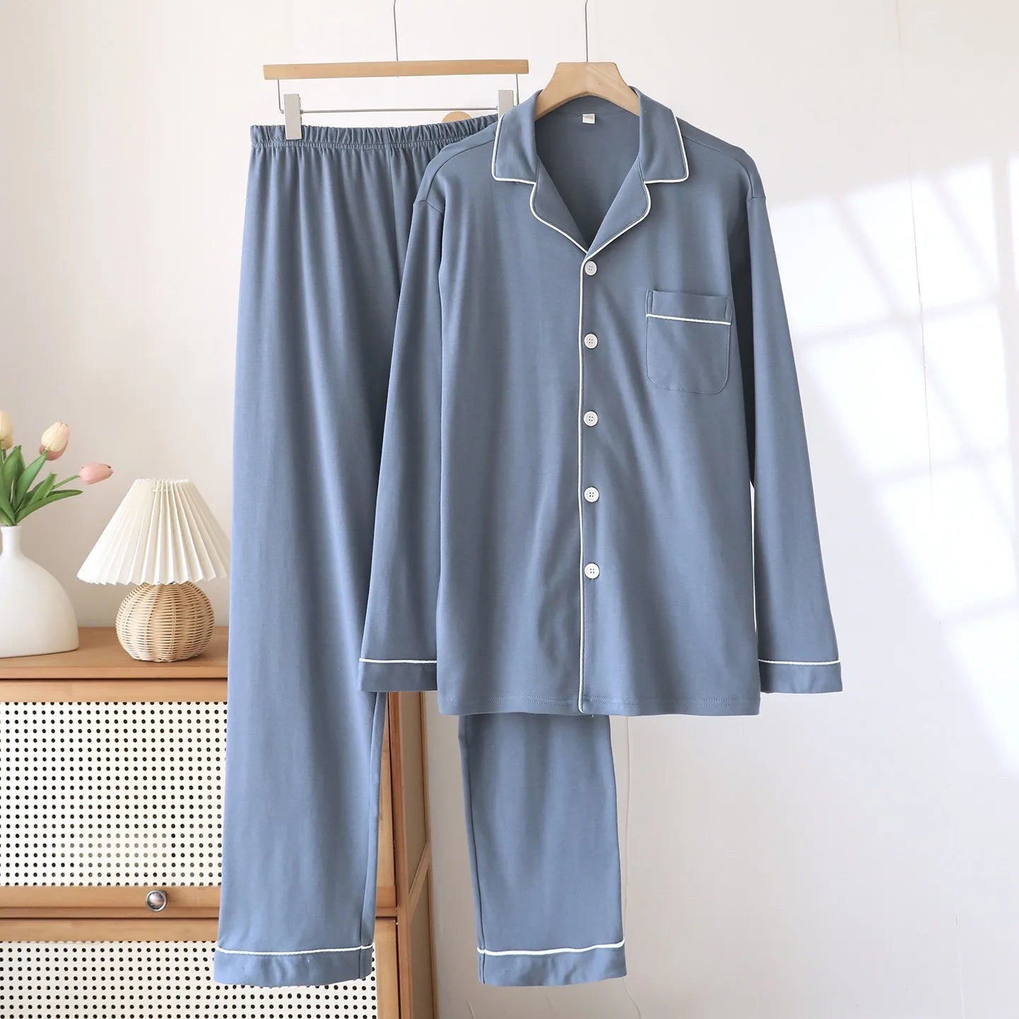 100% Cotton Men Pajamas, Thick sleepwear Long sleeved long pants Nightwear Loungewear
