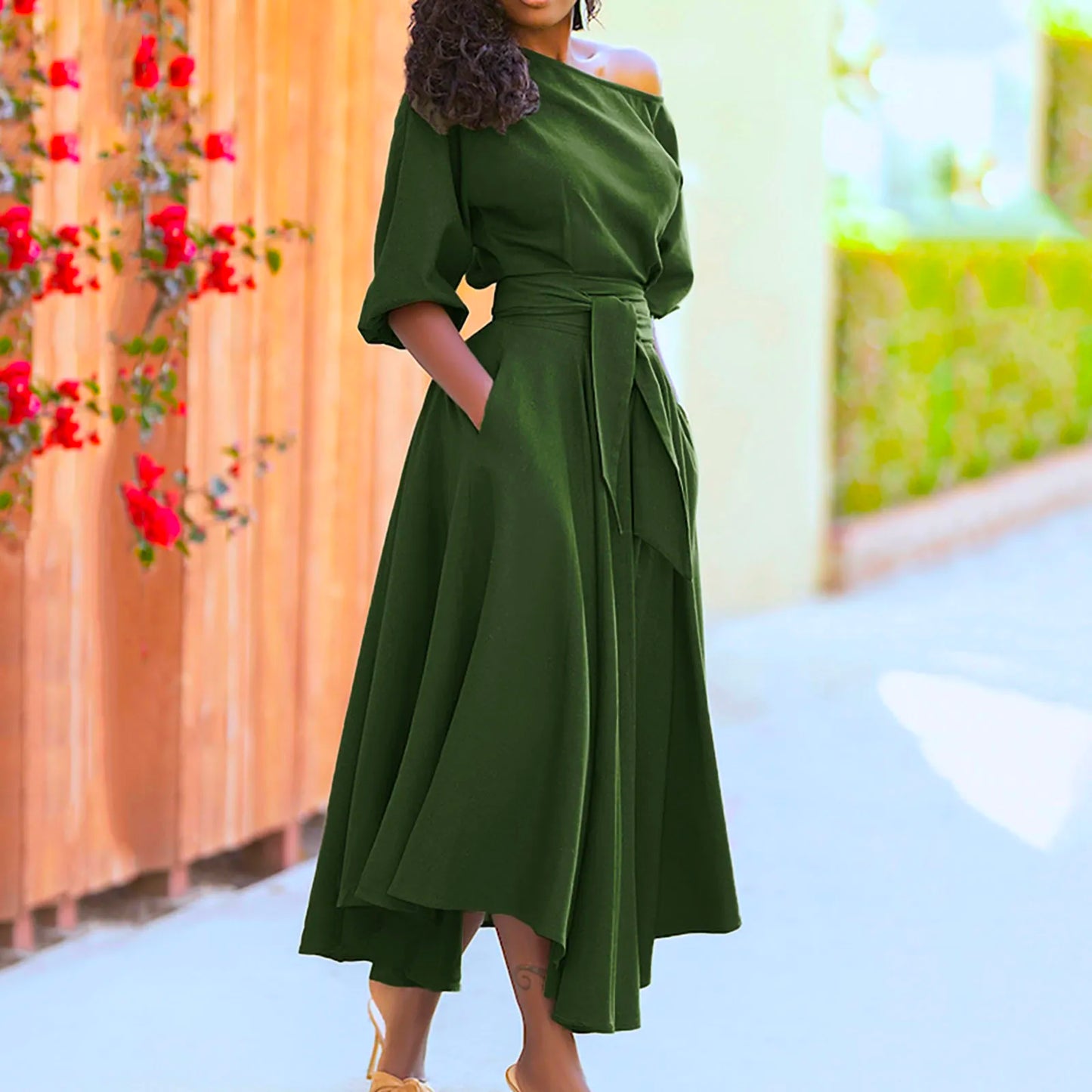 A-Line One Shoulder Women's Formal Dress With Belt Elegant Slim Solid