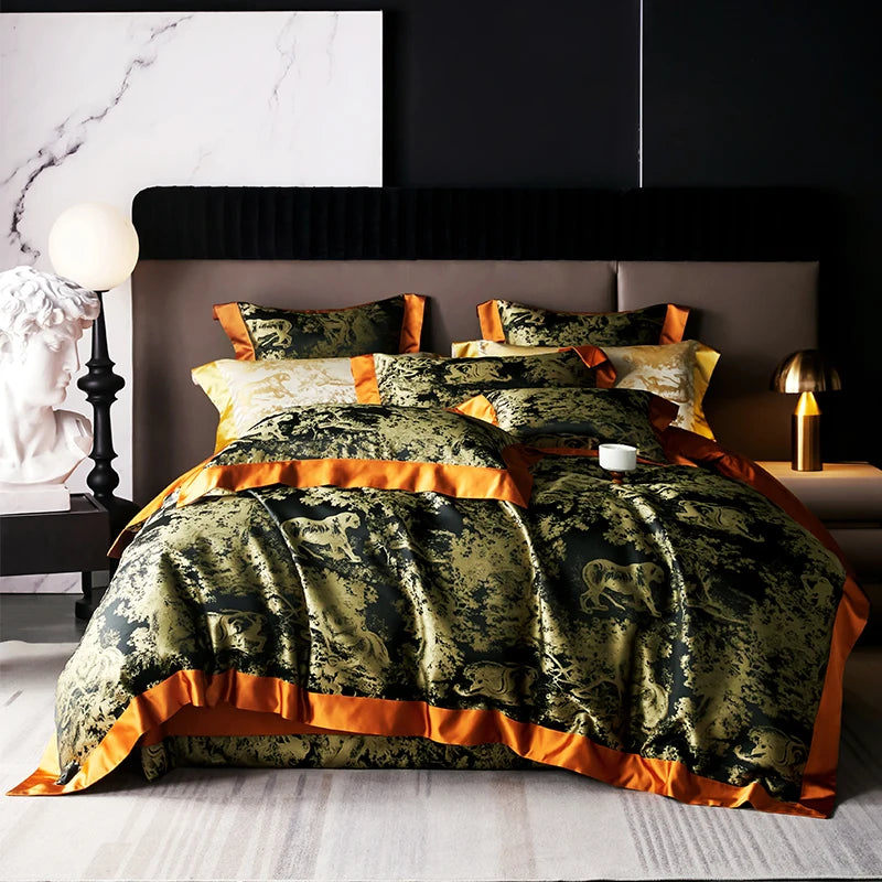 4/6Pcs Luxury Beige Gold Brocade Jacquard Egyptian Cotton Bedding Set Duvet Cover Flat/Fitted Bed Sheet Pillowcases