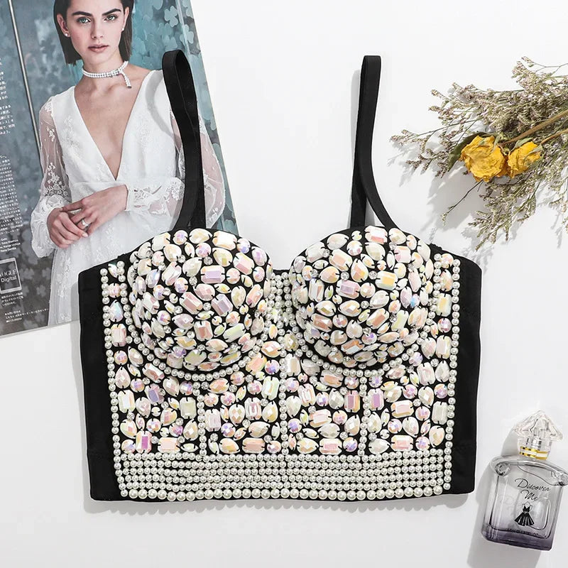 Women Rhinestone Diamond Tank Top Push Up Bustier Camisole Sequin