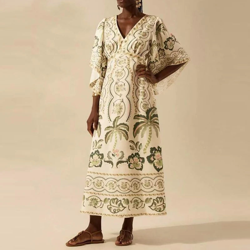 Summer Tropical Plant V-Neck Bohe Elegant Half Sleeve Loose Party Dress A-line