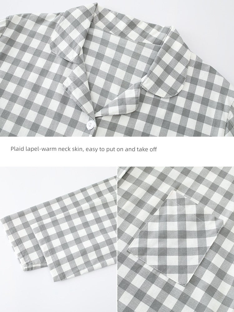 Cotton Couple Pajamas for Men and Women Spring and Autumn Pure Cotton Thin Plaid Long Sleeves Plus Size Outerwear