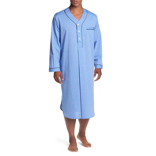 Men's Casual Long Sleeve V-neck Comfortable Pajamas Loose Fit Solid Nightgown