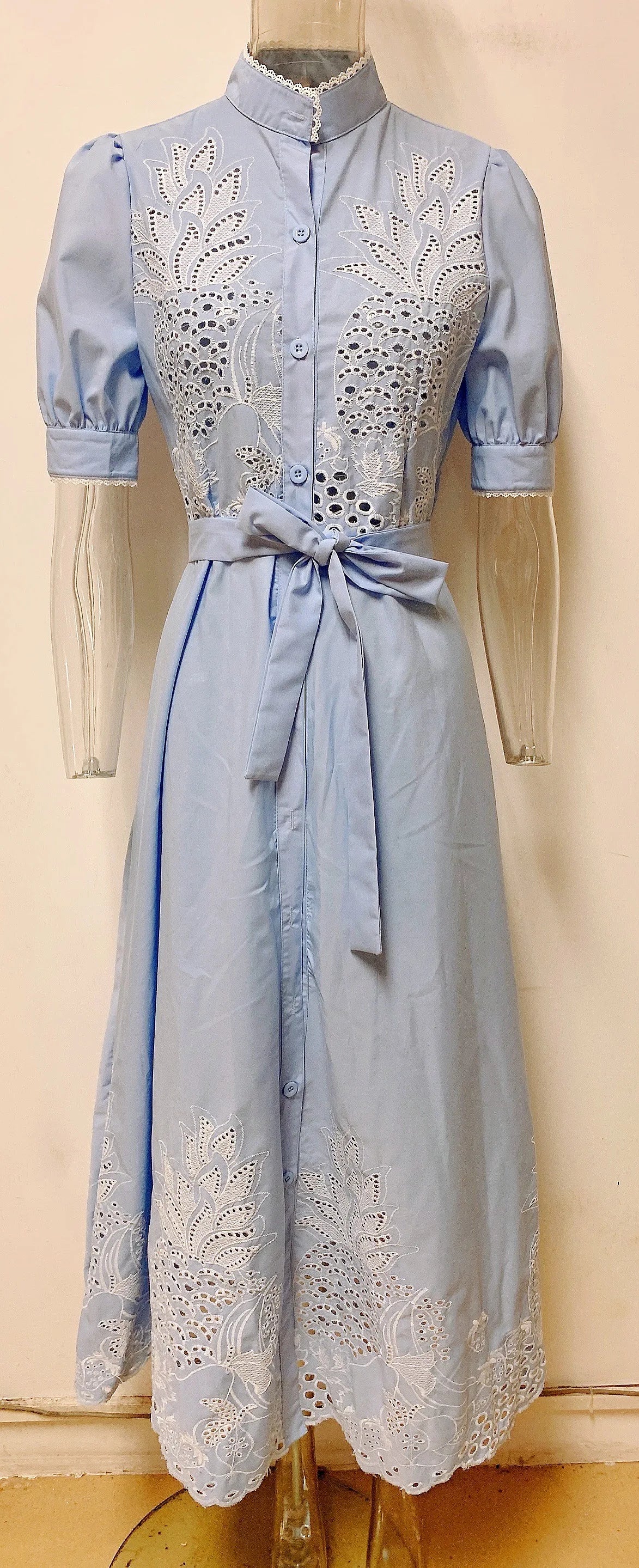 Elegant Embroidered Women Maxi Dress Chic Lapel Long Sleeve High Waist Lace Up Dresses