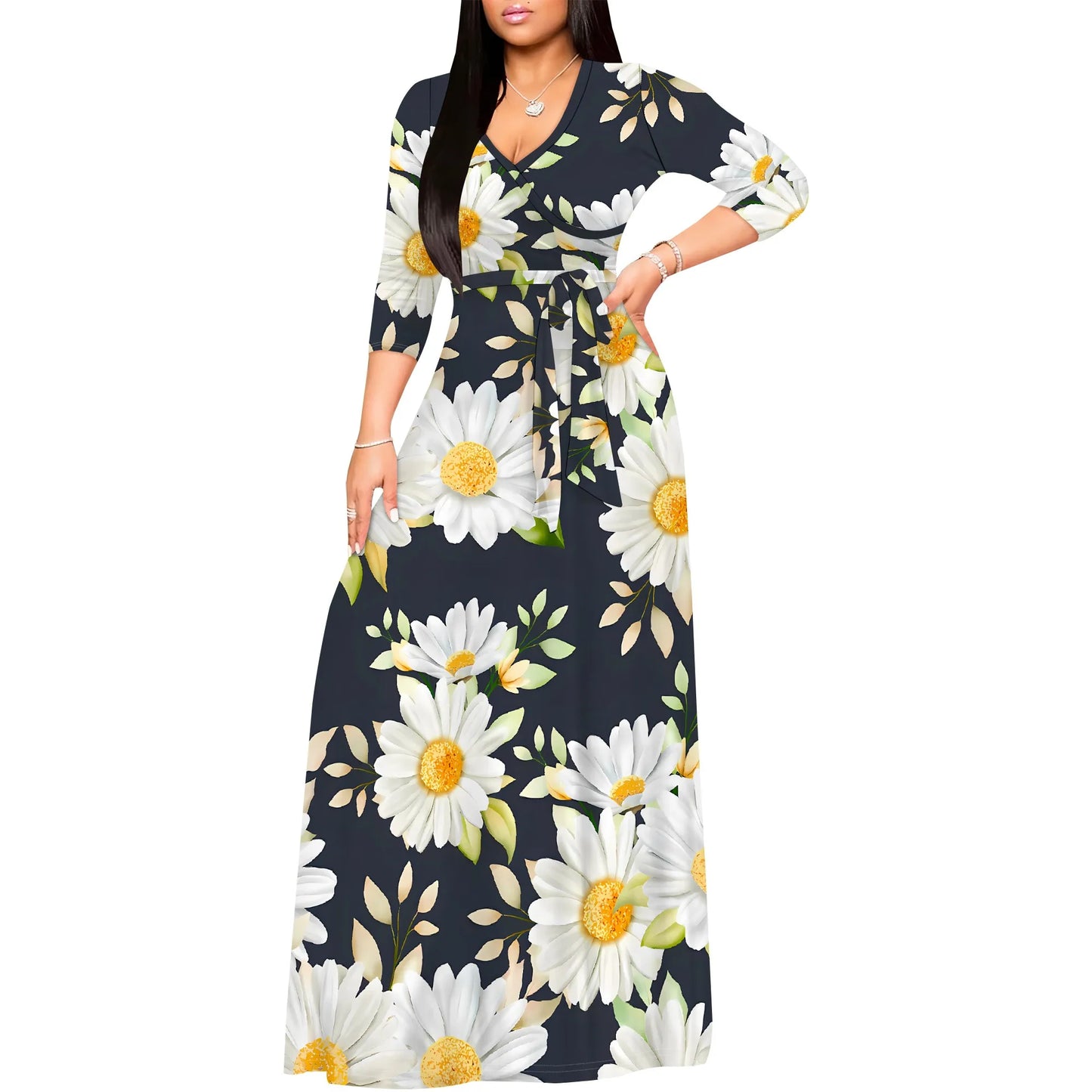 Romantic Floral Rose V-Neck 3/4 Sleeve Wrap Maxi Dress with Belt