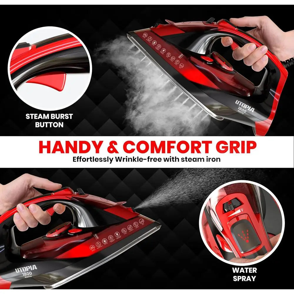 1800W Clothes Iron With Auto-Off Safety, Adjustable Temp Control, Variable Steam Control, Self-Clean, 8ft Cord (Black/Red)