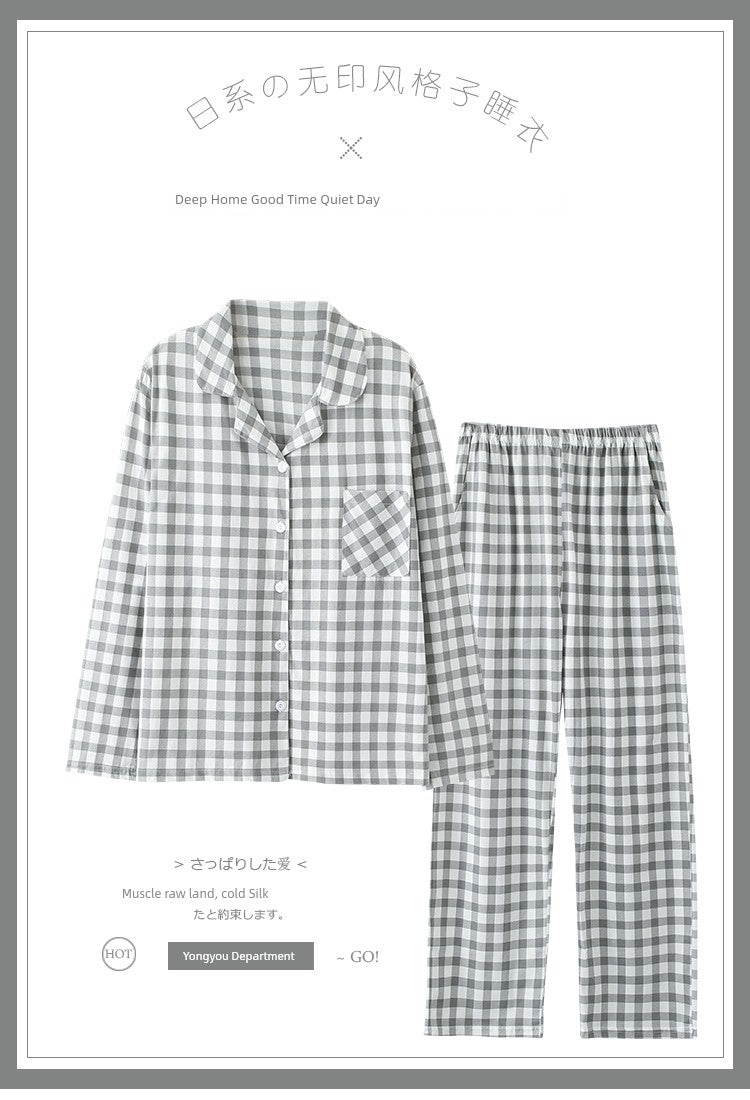Cotton Couple Pajamas for Men and Women Spring and Autumn Pure Cotton Thin Plaid Long Sleeves Plus Size Outerwear
