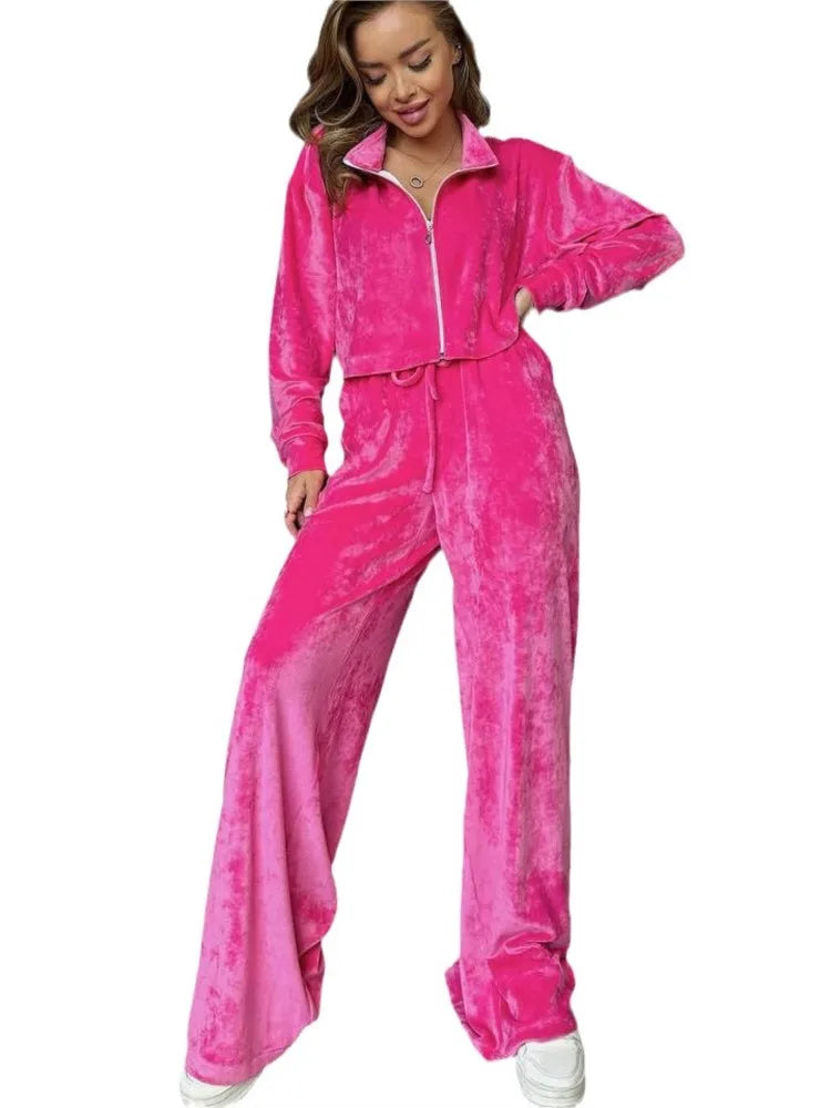 Autumn Winter Solid Casual Velvet Two Piece Tracksuit Sets for Women