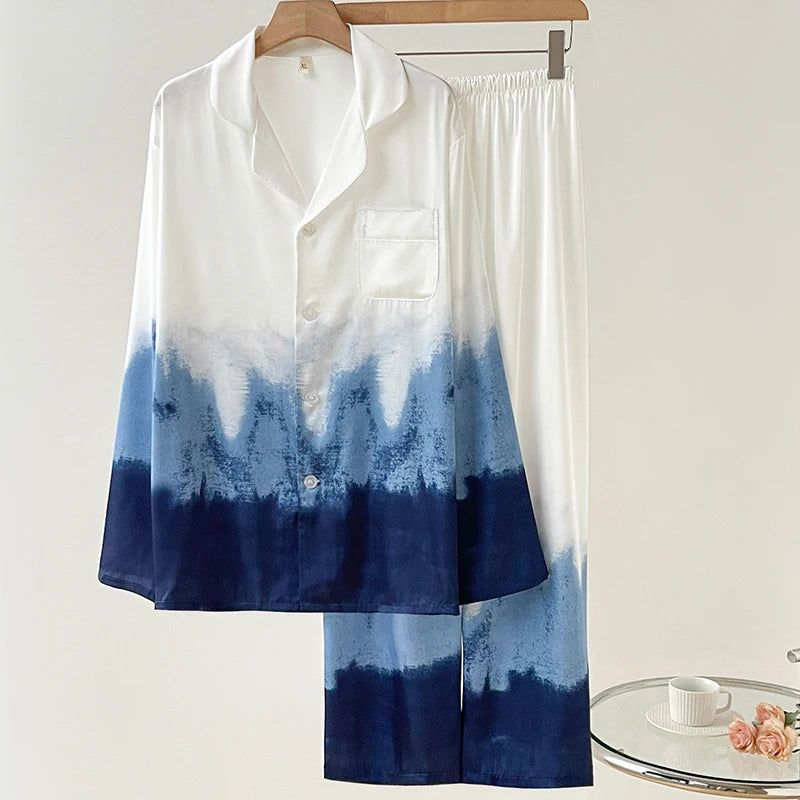 Silk Satin Print Long Sleeve Pajamas Suit Women Sleepwear Set