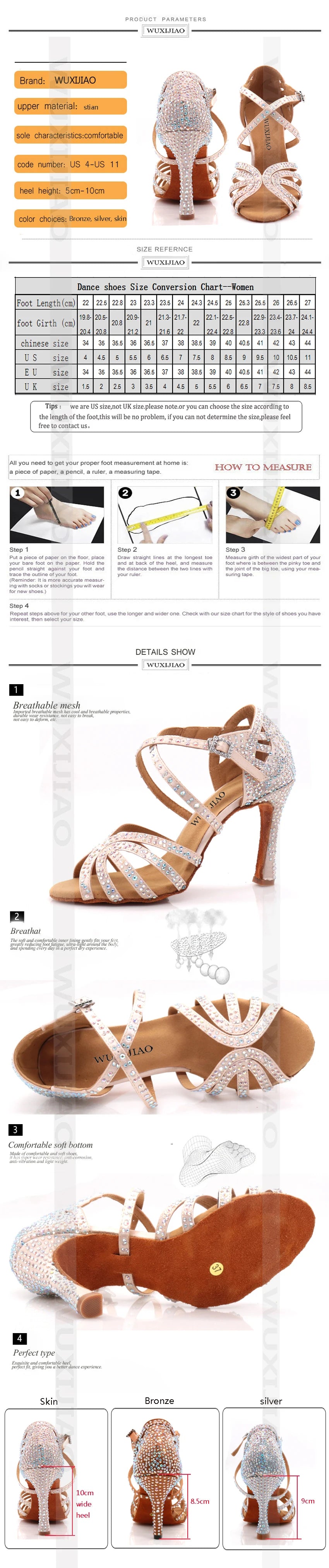 Ballroom Diamond Latin Dance Soft Sole Shoes Silver Bronze Skin color