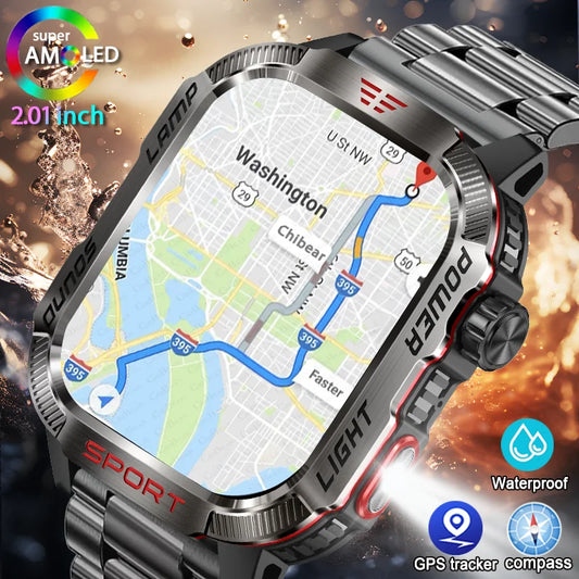 Men Military GPS Smart Watch Flashlight Compass Waterproof Outdoor Sport Tracker Bluetooth