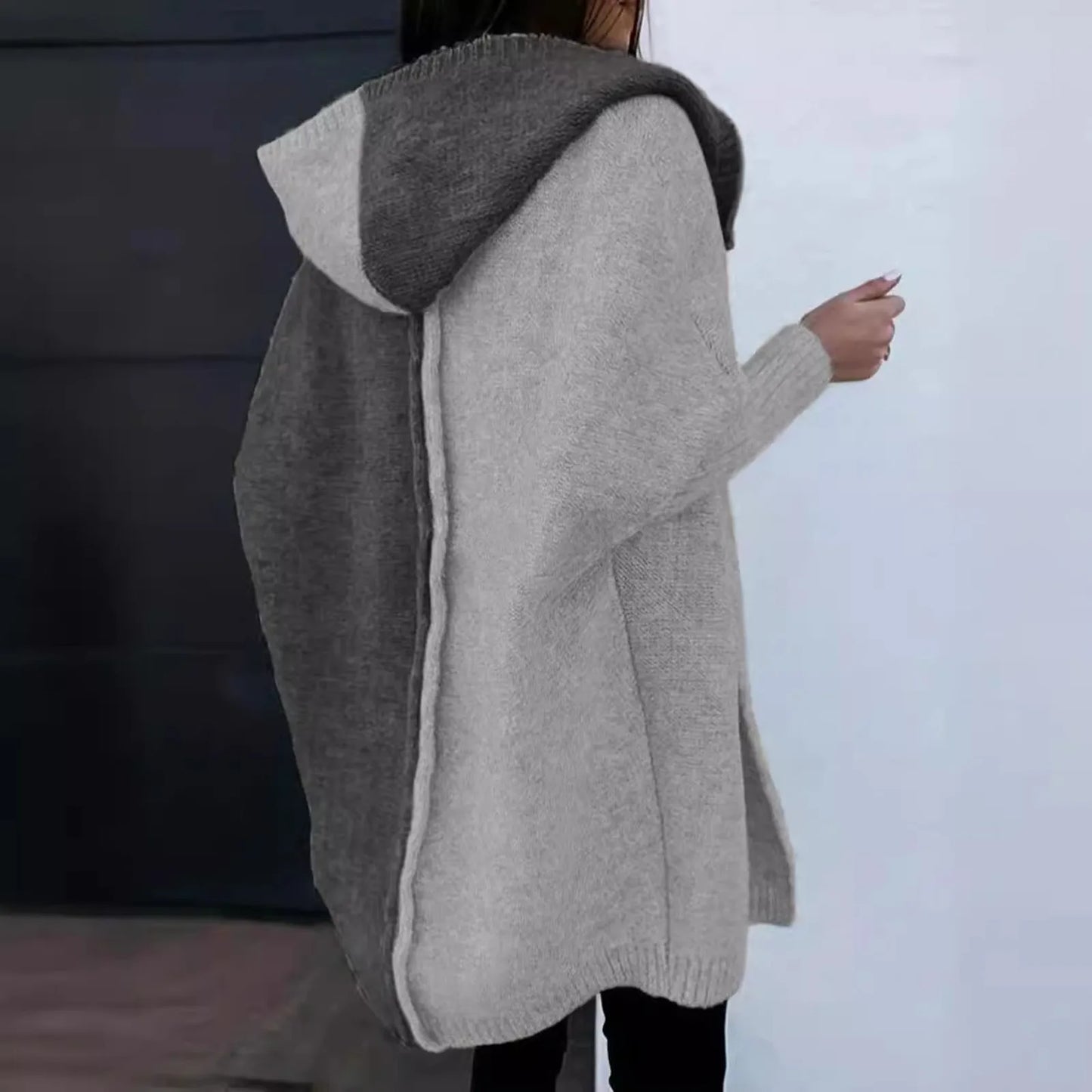 Women's Loose Hooded Sweater Coat Front Open Long Sleeve Patchwork Color Block