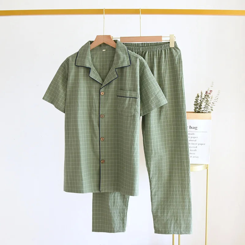 Men's Pajamas Summer Thin Short-sleeved Shorts Cotton Plaid