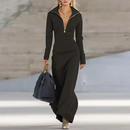 Elegant Long Sleeve Polo Collar Woman A-Line Maxi Dress Casual Slim Solid Zipper