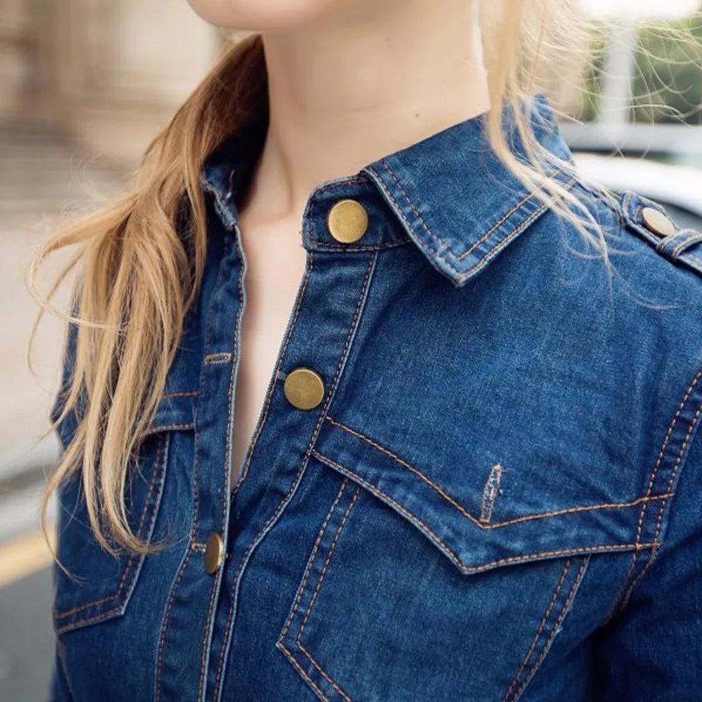 Women Long Sleeve Denim Dress Mid-Cuff Slim Wrap Hip Jean
