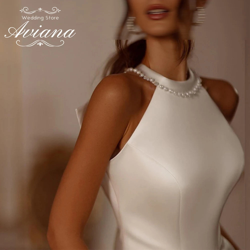 Customized Temperament Elegant Pearls Sleeveless Wedding Dress High Slit Back Bow A-Line Simple Bridal Gown