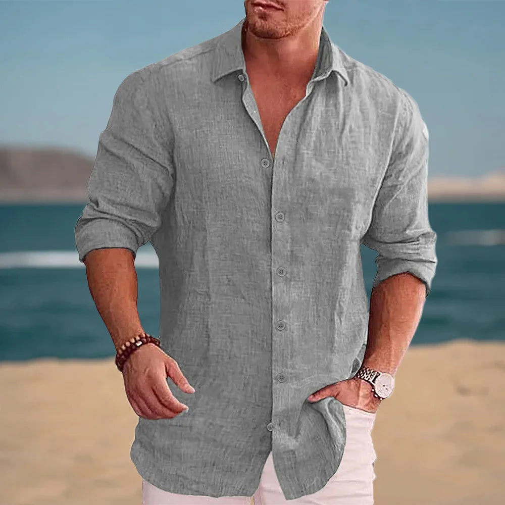 Autumn Men's Long Sleeve Shirt Cotton Linen Breathable Solid Color Casual Style Plus Size