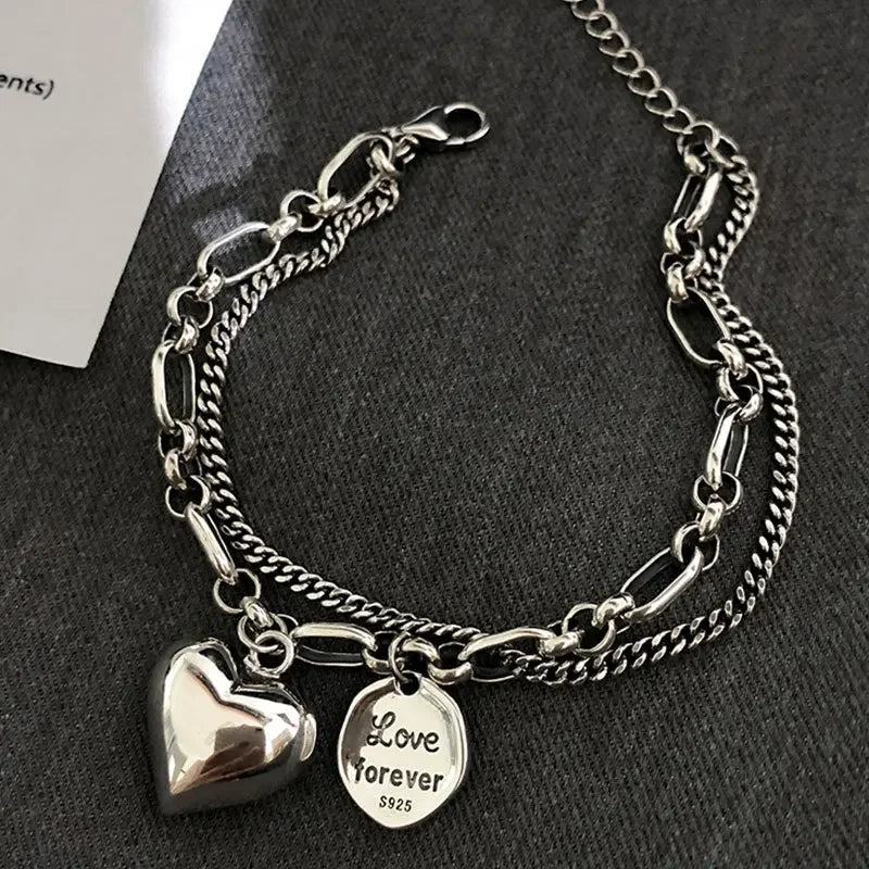 Sterling Silver Bracelet Love Letter Heart Double Layer Retro Light Style