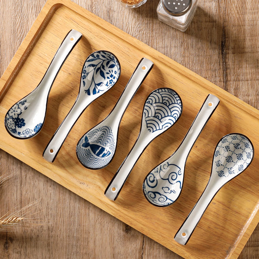 6pcs Ceramic Colored Glaze Soup Spoon for Home Use, Ceramic Ladle for Serving and Drinking Soup