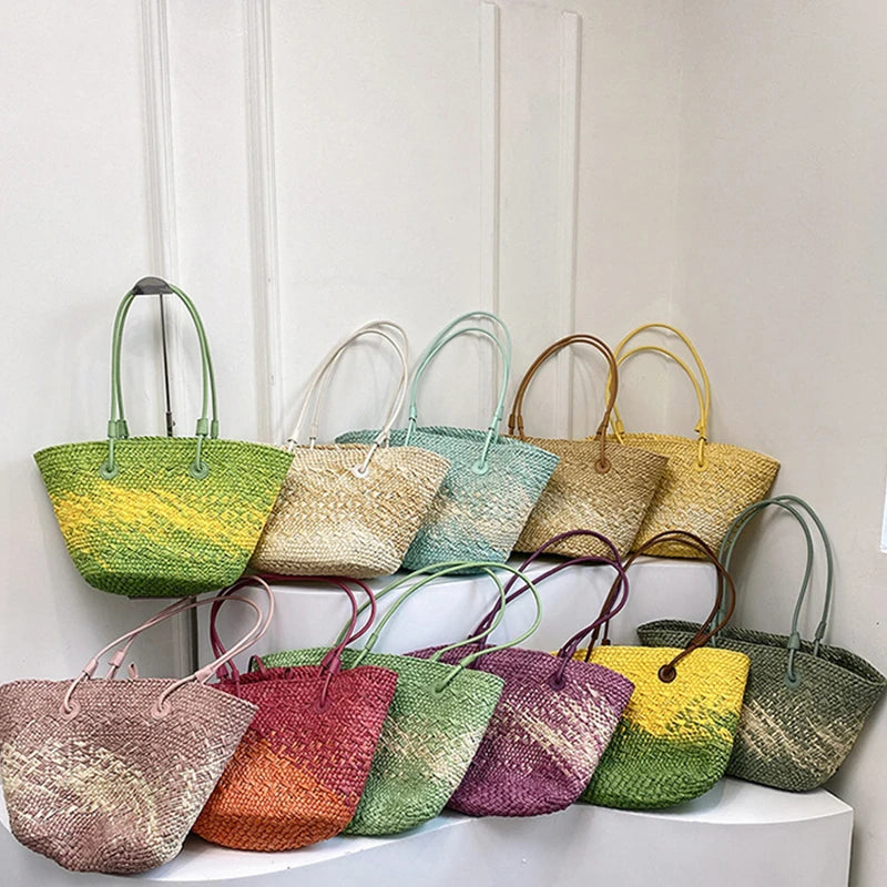 Color Straw Underarm Shoulder Bag, Summer Beach Vacation Travel Tote Bag