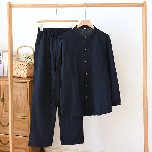 Spring/Summer Women Men Pajama Set 100% Cotton Long Sleeve Long & Pants Two Piece
