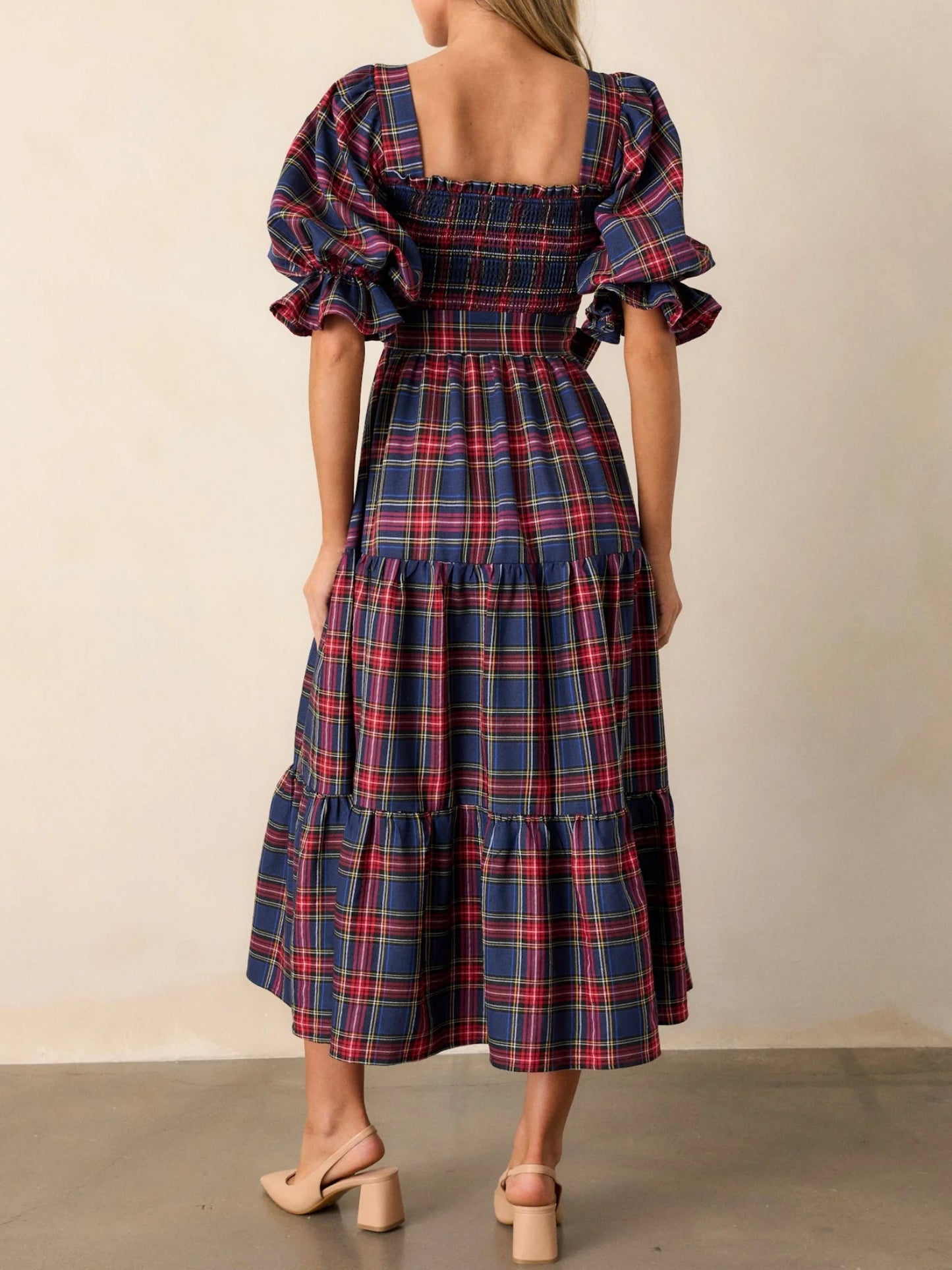Christmas Classic Plaid Print Square Neck Puff Sleeve A Line Long Dress with Bow Decor Club Party Dresses