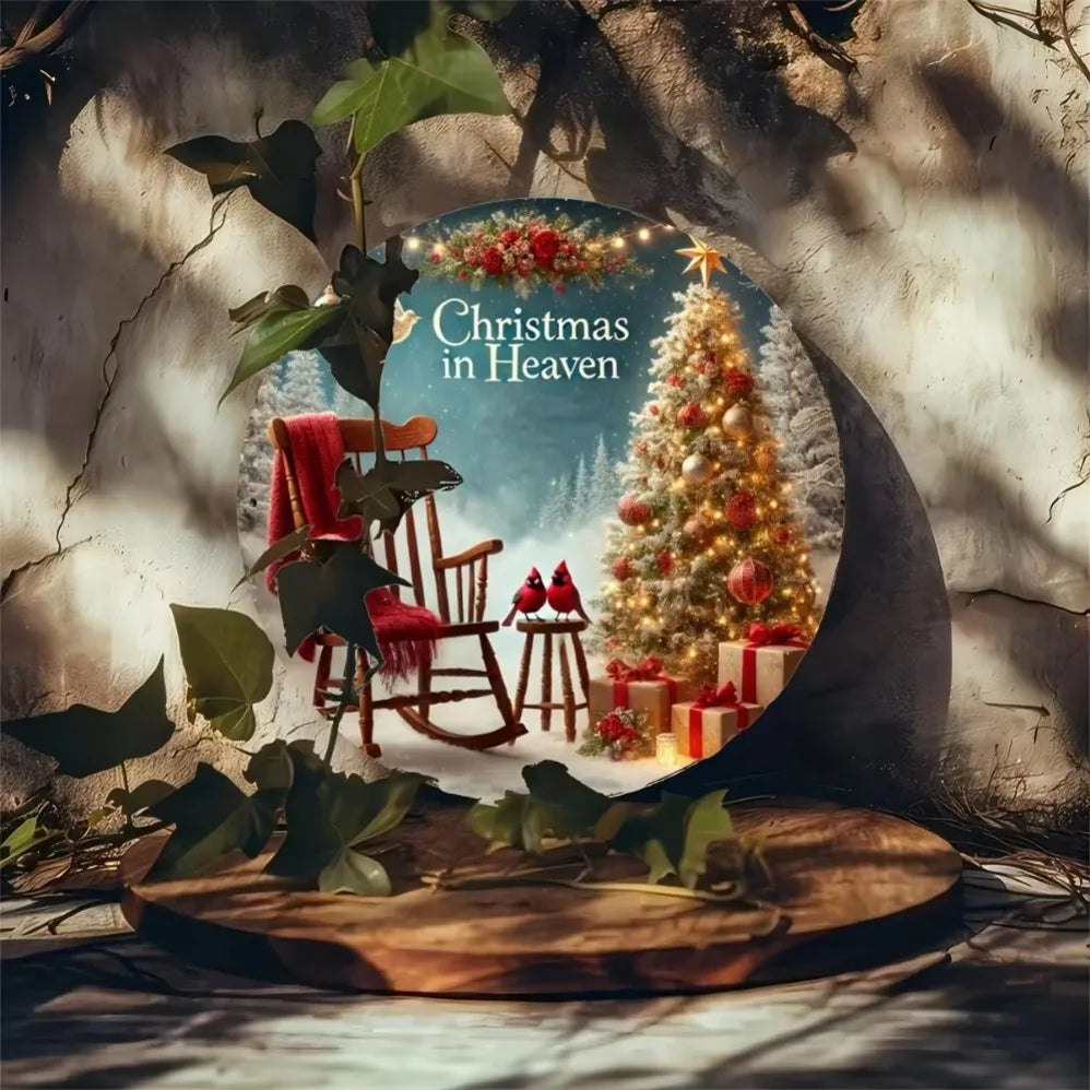 "Christmas in Heaven" Rustic Iron Metal Sign – Festive 2D Wall & Door Decor with Tree & Birds | Ideal for Home, Farmhouse & Shop