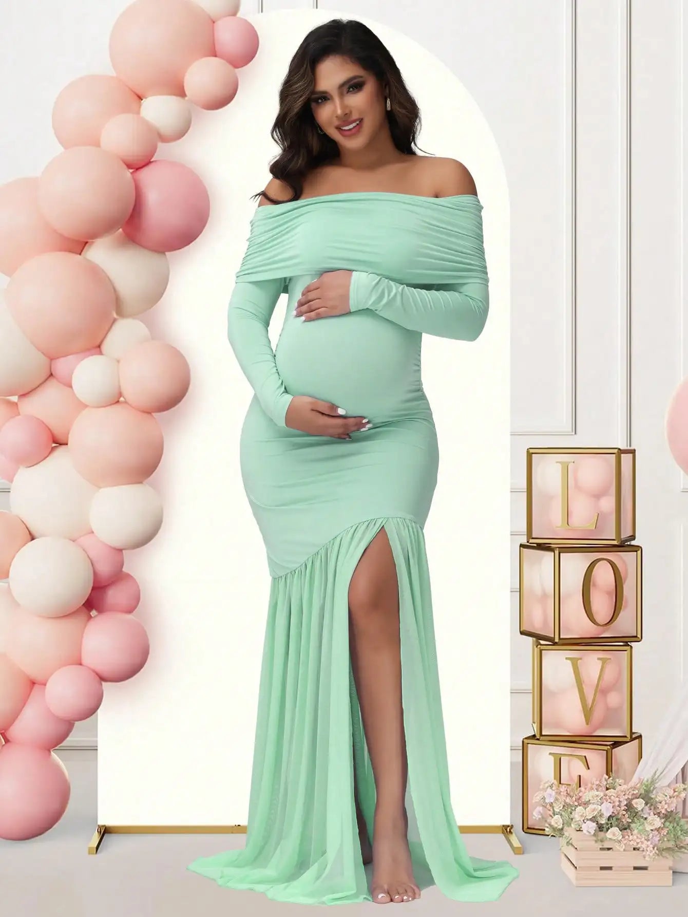 Elegant Maternity Gown Photoshoot Party Dress Off-Shoulder Slits Fishtail Hem