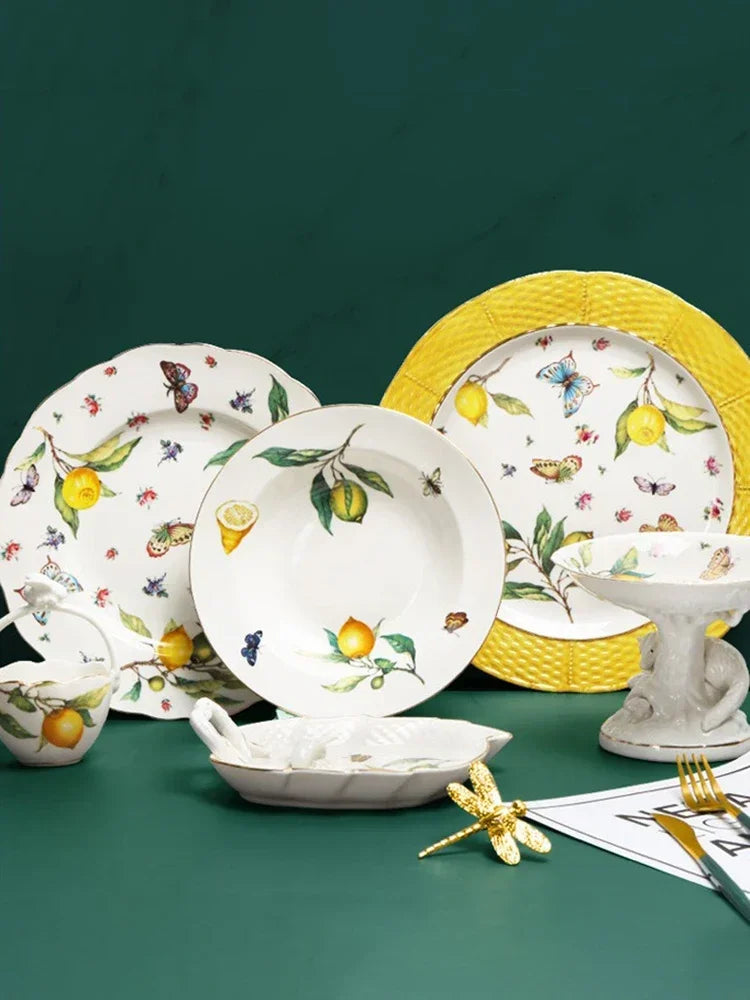 Europeanc Style Ceramic Dining Plate Elegant Lemon Pattern Dinner Steak Plate Coffee Cup Set Western Cuisine Dessert Plate