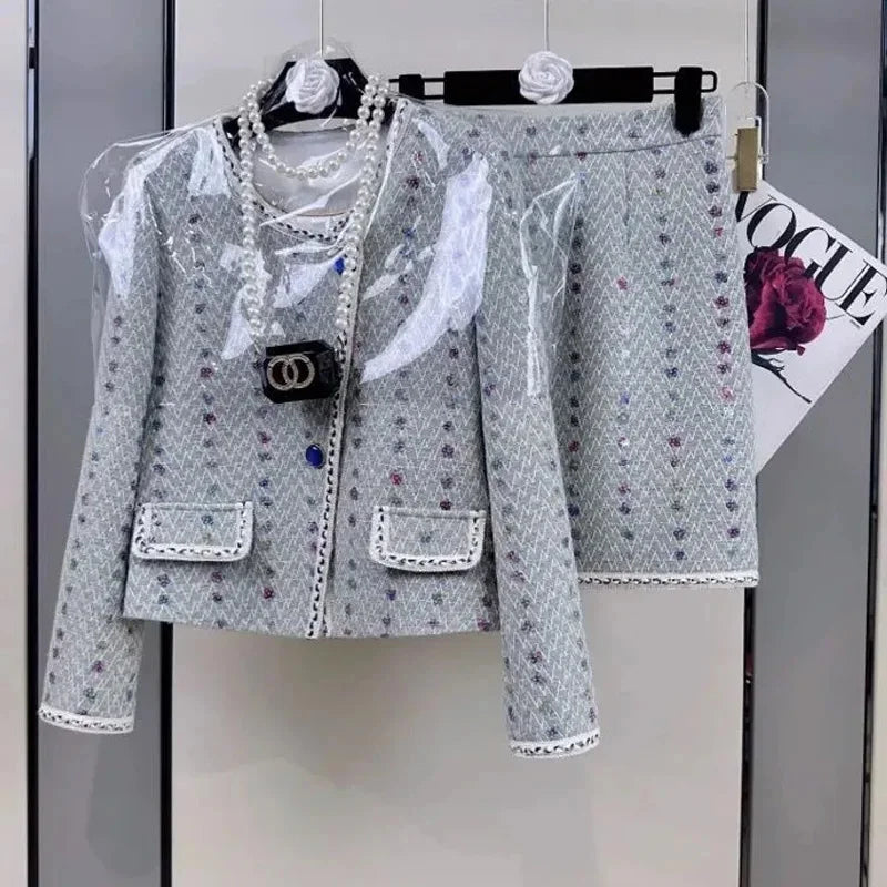 Women Elegant Winter Tweed Fragrant Suit Jacket Coat Top & Skirt Two Piece Set