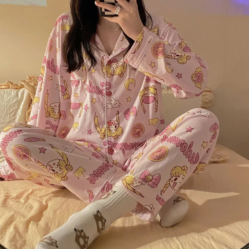 Hello Kitty 2Pcs Pajamas Set for Women Long Sleeve Tops Pants Loungewear